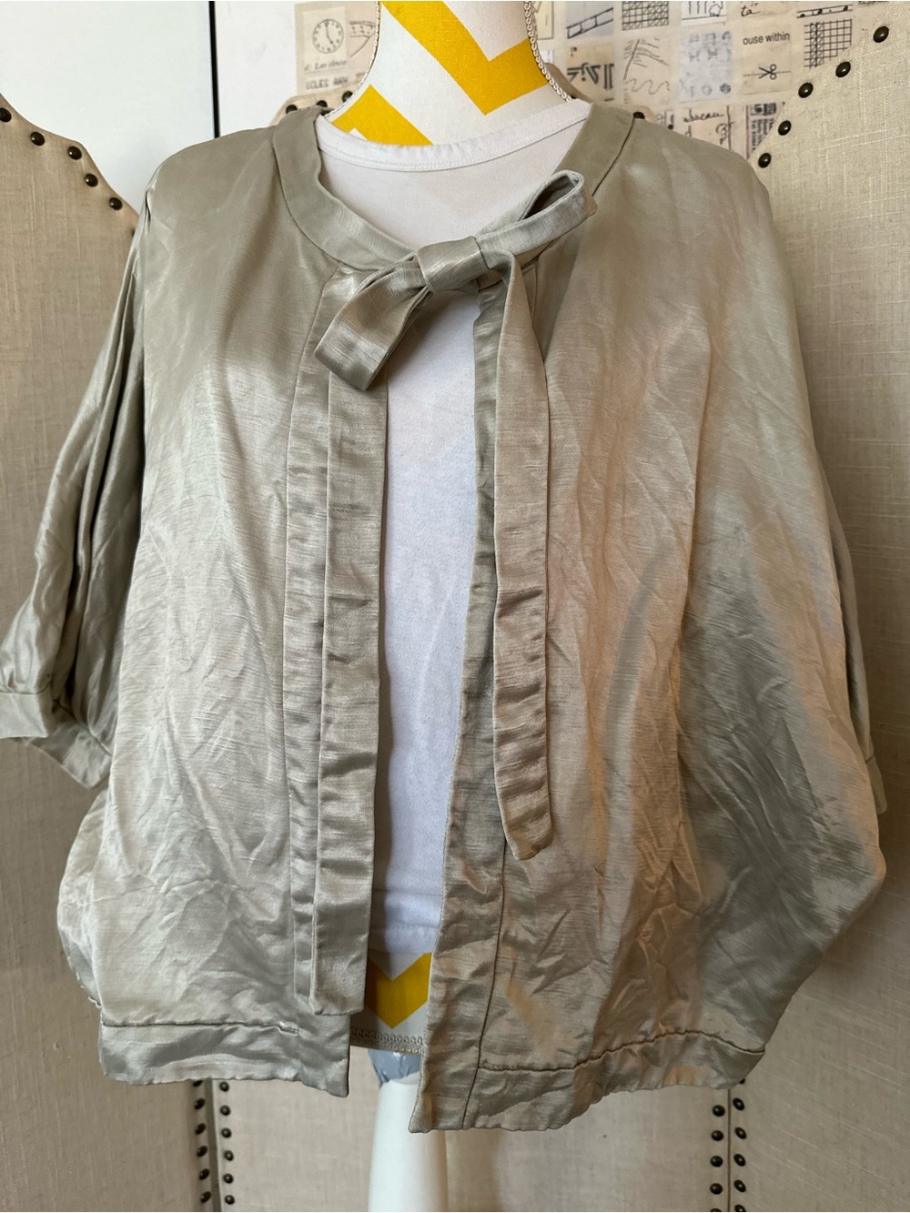 elevenses Satin Tie-Neck Short Jacket in Light Champagne